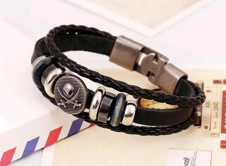 Punk Bracelets Wholesale Yiwu Small Commodities 10 Yuan Store Supply Genuine Leather Bracelets Handmade Vintage Cowhide Bracelets