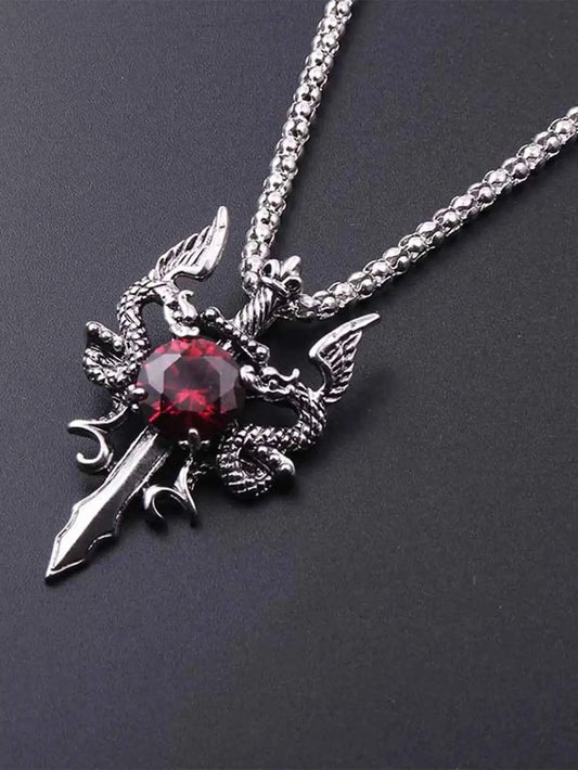 LLR 1 Gothic Style Women's Ancient Silver-color Evil Dragon Gem Pendant Necklace Personalized Fashion Street Sweater Chain Jewel
