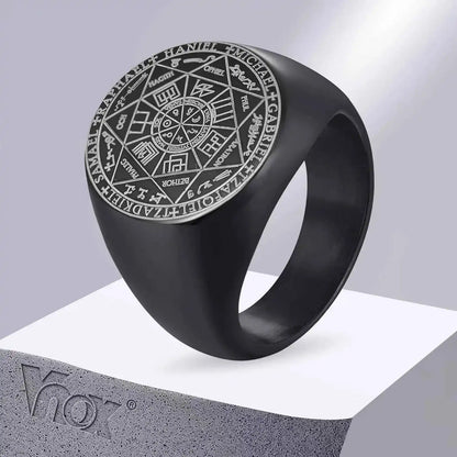 Vnox Seven Seals of Angels Rings for Men, Round Top Stamp Finger Band, Metatron Cube Stamp Ring, Chunky Punk Jewelry - Pedlar's Attic