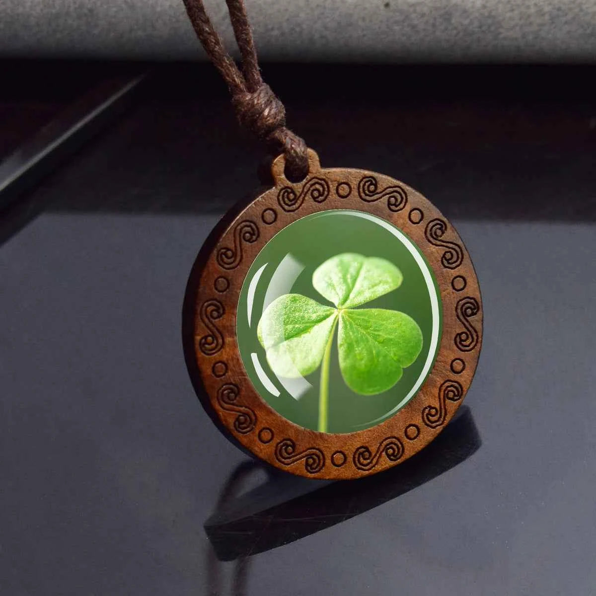 Four Leaf Clover Glass Dome Wooden Pendant Necklace