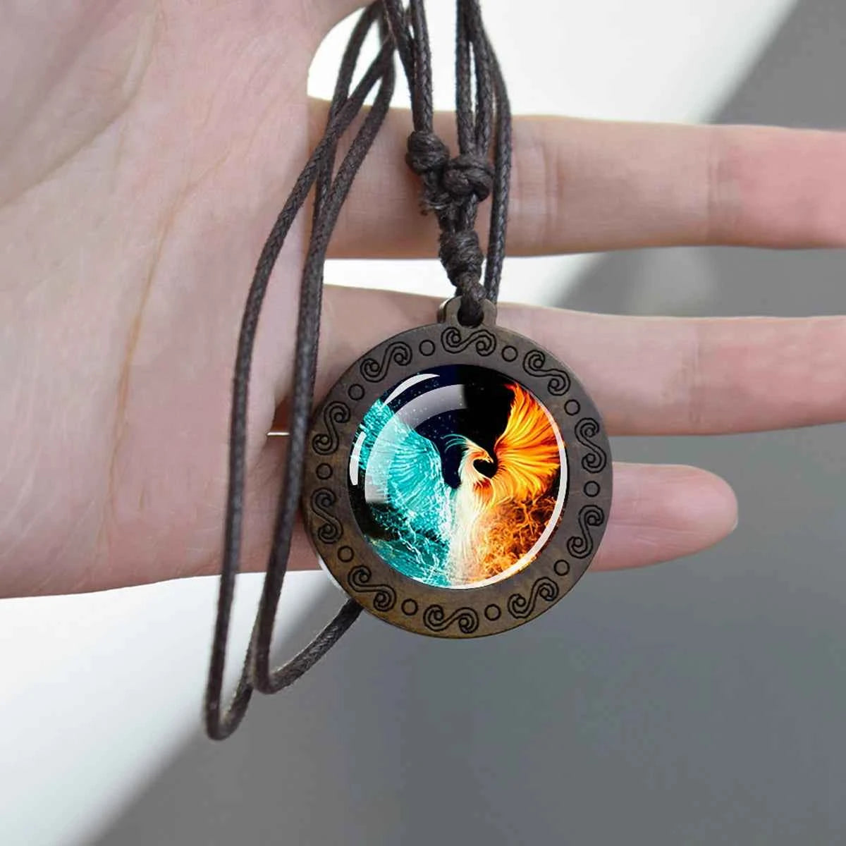 Vintage Flaming Phoenix Wooden Pendant Necklace