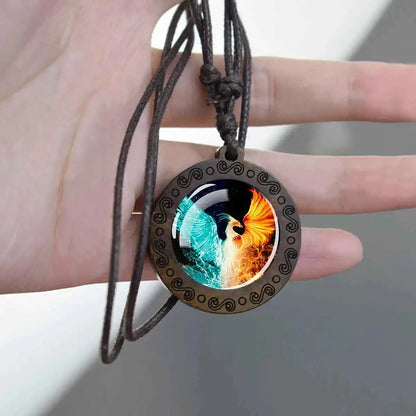 Vintage Flaming Phoenix Wooden Pendant Necklace - Pedlar's Attic