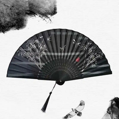 Elegant Essence Bamboo Silk Fan - Chic Black Folding Hand Fan for Dance & Summer Parties, Ideal Gift for Women - Pedlar's Attic