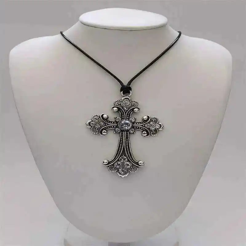 Rhinestone Cross Choker Spiral Hippie Necklace - Pedlar's Attic