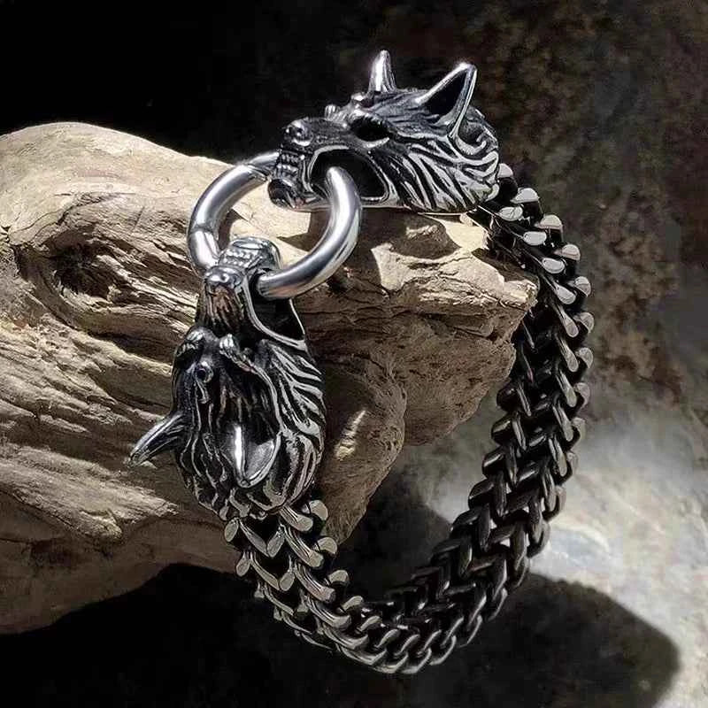 Stainless Steel Nordic Double Wolf Head Bracelet