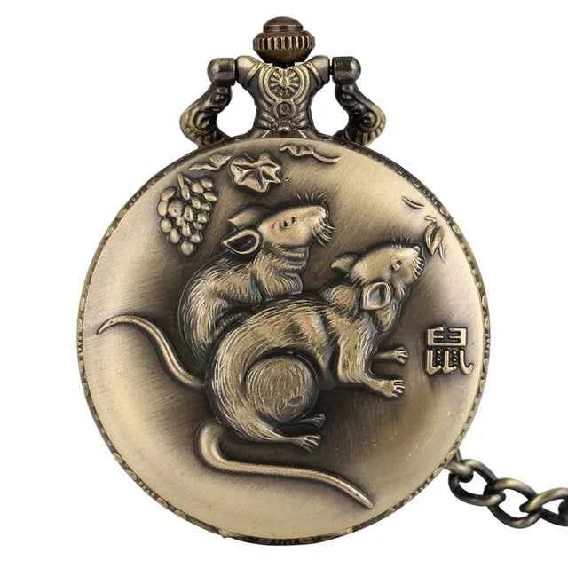 Unique Bronze Chinese Zodiac Quartz Pocket Watches Necklace Chain Pendant Fob Watch Steampunk Clock Gift For Birthday Christmas - Pedlar's Attic