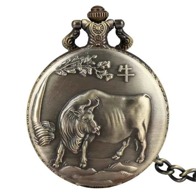 Unique Bronze Chinese Zodiac Quartz Pocket Watches Necklace Chain Pendant Fob Watch Steampunk Clock Gift For Birthday Christmas - Pedlar's Attic