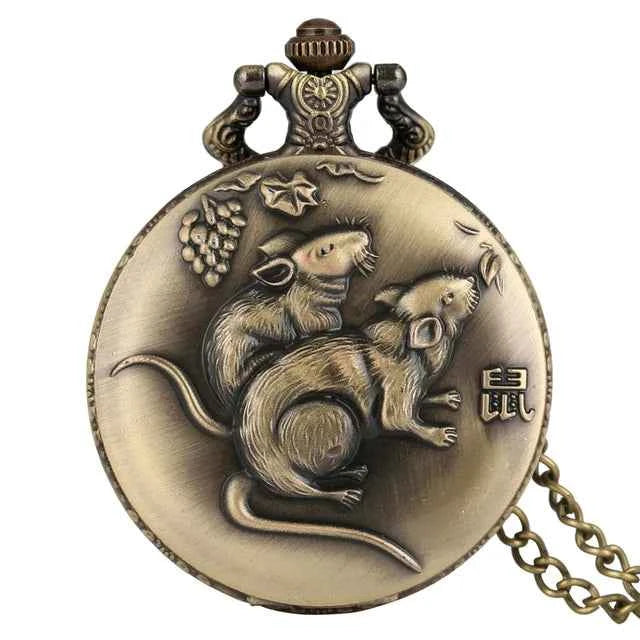 Unique Bronze Chinese Zodiac Quartz Pocket Watches Necklace Chain Pendant Fob Watch Steampunk Clock Gift For Birthday Christmas - Pedlar's Attic