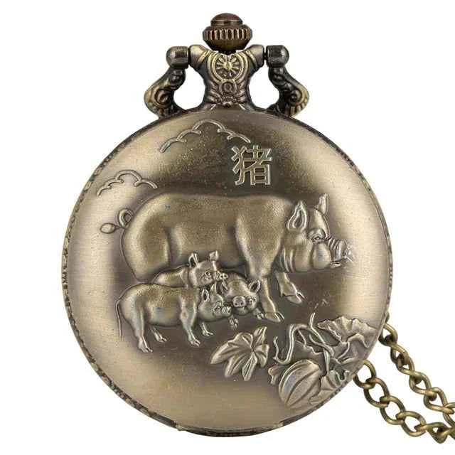 Unique Bronze Chinese Zodiac Quartz Pocket Watches Necklace Chain Pendant Fob Watch Steampunk Clock Gift For Birthday Christmas - Pedlar's Attic