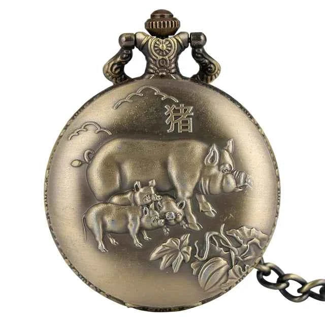 Unique Bronze Chinese Zodiac Quartz Pocket Watches Necklace Chain Pendant Fob Watch Steampunk Clock Gift For Birthday Christmas - Pedlar's Attic