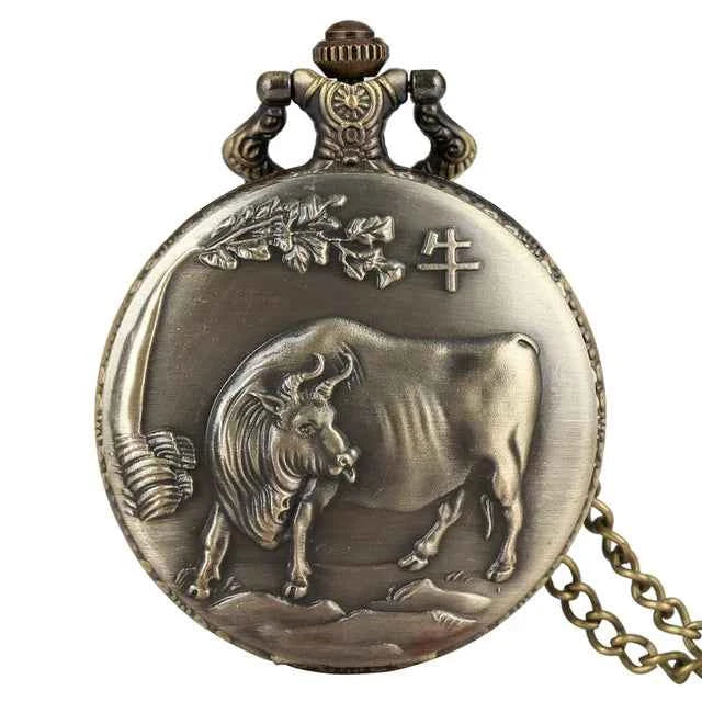 Unique Bronze Chinese Zodiac Quartz Pocket Watches Necklace Chain Pendant Fob Watch Steampunk Clock Gift For Birthday Christmas - Pedlar's Attic