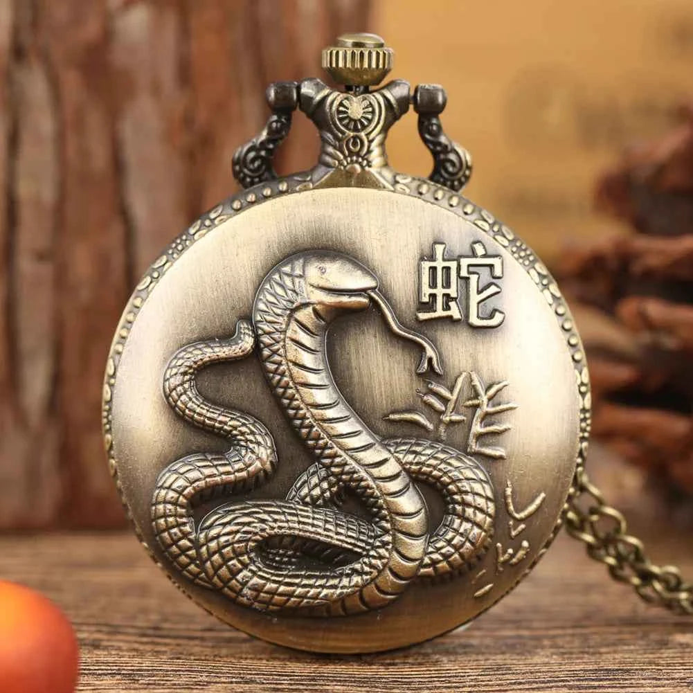 Unique Bronze Chinese Zodiac Quartz Pocket Watches Necklace Chain Pendant Fob Watch Steampunk Clock Gift For Birthday Christmas - Pedlar's Attic