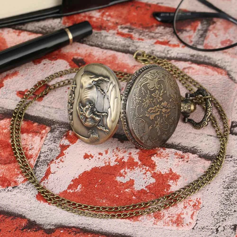 Unique Bronze Chinese Zodiac Quartz Pocket Watches Necklace Chain Pendant Fob Watch Steampunk Clock Gift For Birthday Christmas - Pedlar's Attic