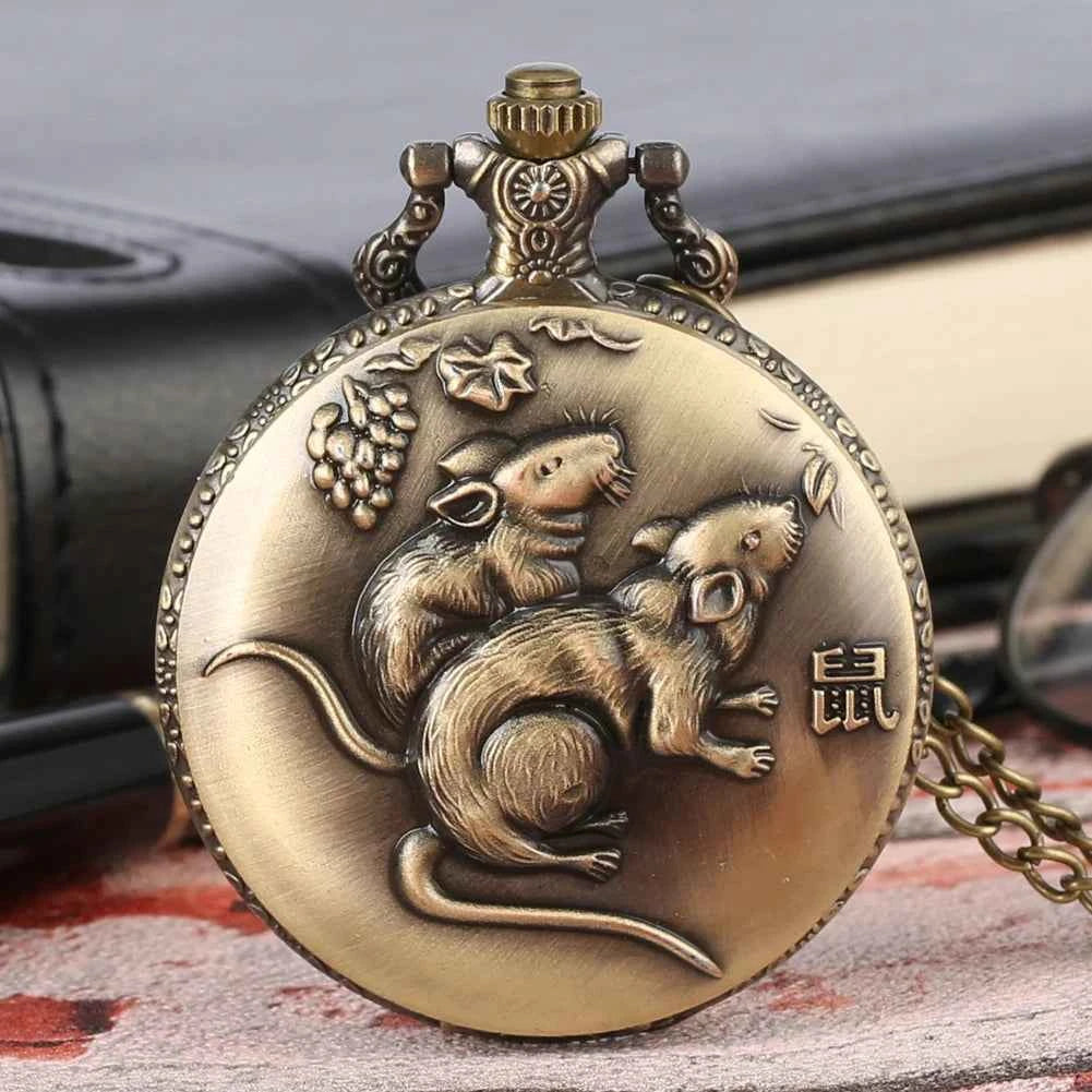 Unique Bronze Chinese Zodiac Quartz Pocket Watches Necklace Chain Pendant Fob Watch Steampunk Clock Gift For Birthday Christmas - Pedlar's Attic