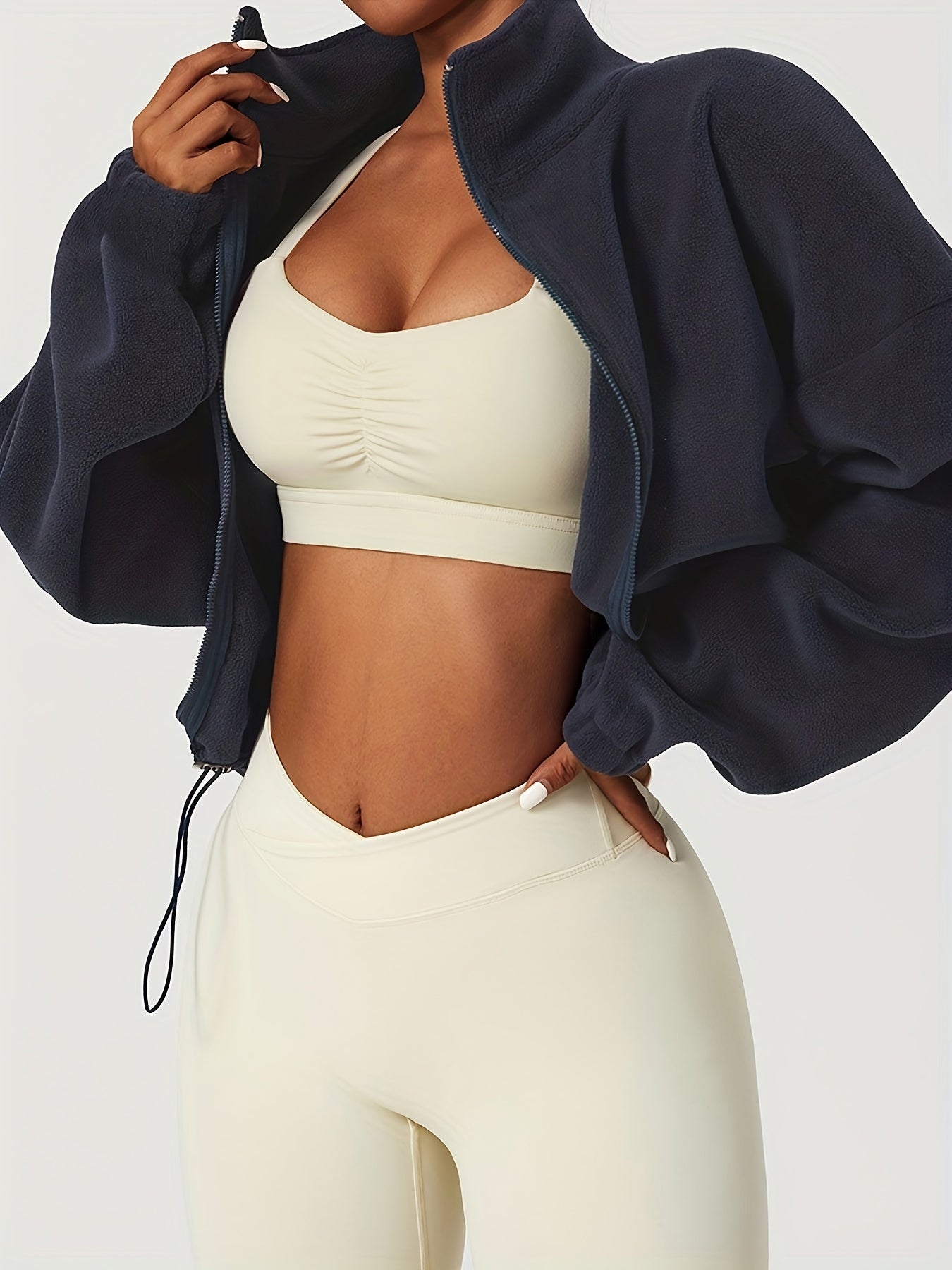 Chic Zip-Up Fleece Crop Jacket for Women - Stretch Comfort, Warm High Neck, Long Sleeve, Perfect for Sporty Outdoor Fall/Winter Activities