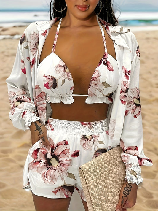 3pcs Vibrant Summer Women's Outfit: Sexy Red Halter Top & Floral Print Shorts Set with Sheer Long Sleeve Shirt - Polyester Blend, Machine Washable, Perfect for Vacation, Sexy, New Style, Print, 3pcs Set, Women's Clothing