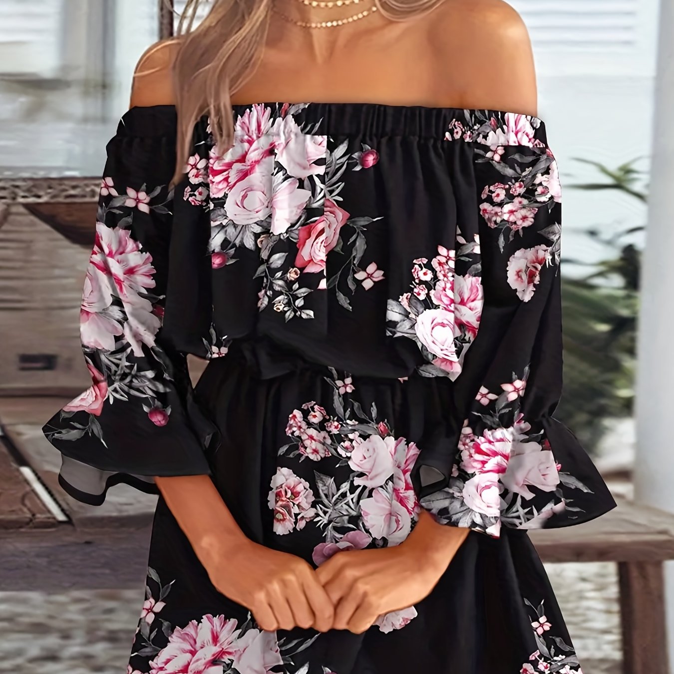 Elegant Summer Boho Dress - Off-Shoulder Leaf Print with Sexy Backless Cut & Playful Ruffles, Durable & Comfort Fit