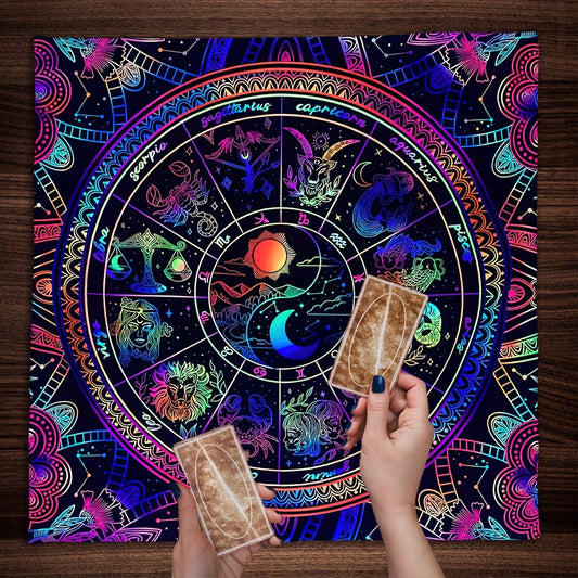 Mandala Card Reading Tablecloth With 12 Zodiac Signs - Colorful Altar Cloth For Card Reading Cards, Sun, Moon & Mountain Design - Perfect For Home Decor, Weddings, Birthdays & More - Durable Polyester