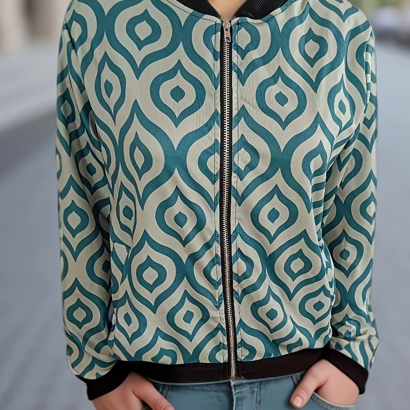 Graphic Print Zipper Jacket, Casual Baseball Neck Long Sleeve Outerwear, Women's Clothing