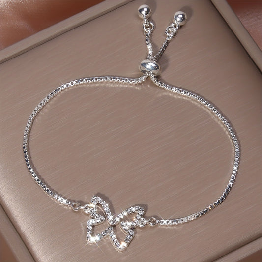 Full Of Shiny Rhinestones Hollow Butterfly Shape Tennis Bracelet Elegant Copper Hand Jewelry Decor