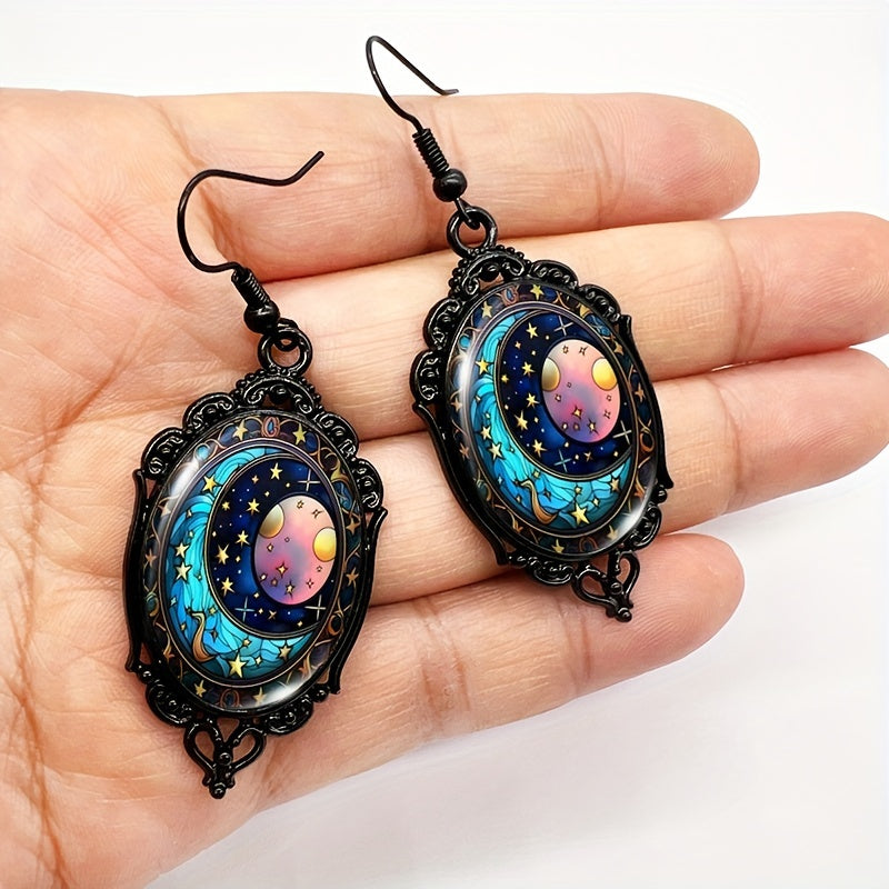 Boho Alloy Drop Earrings with Celestial Sun, Moon, and Stars Design, Black Lace Frame, Glass Cabochon Inlay, Hook Back, Antique Style Dangle Ear Jewelry for Women - 1 Pair