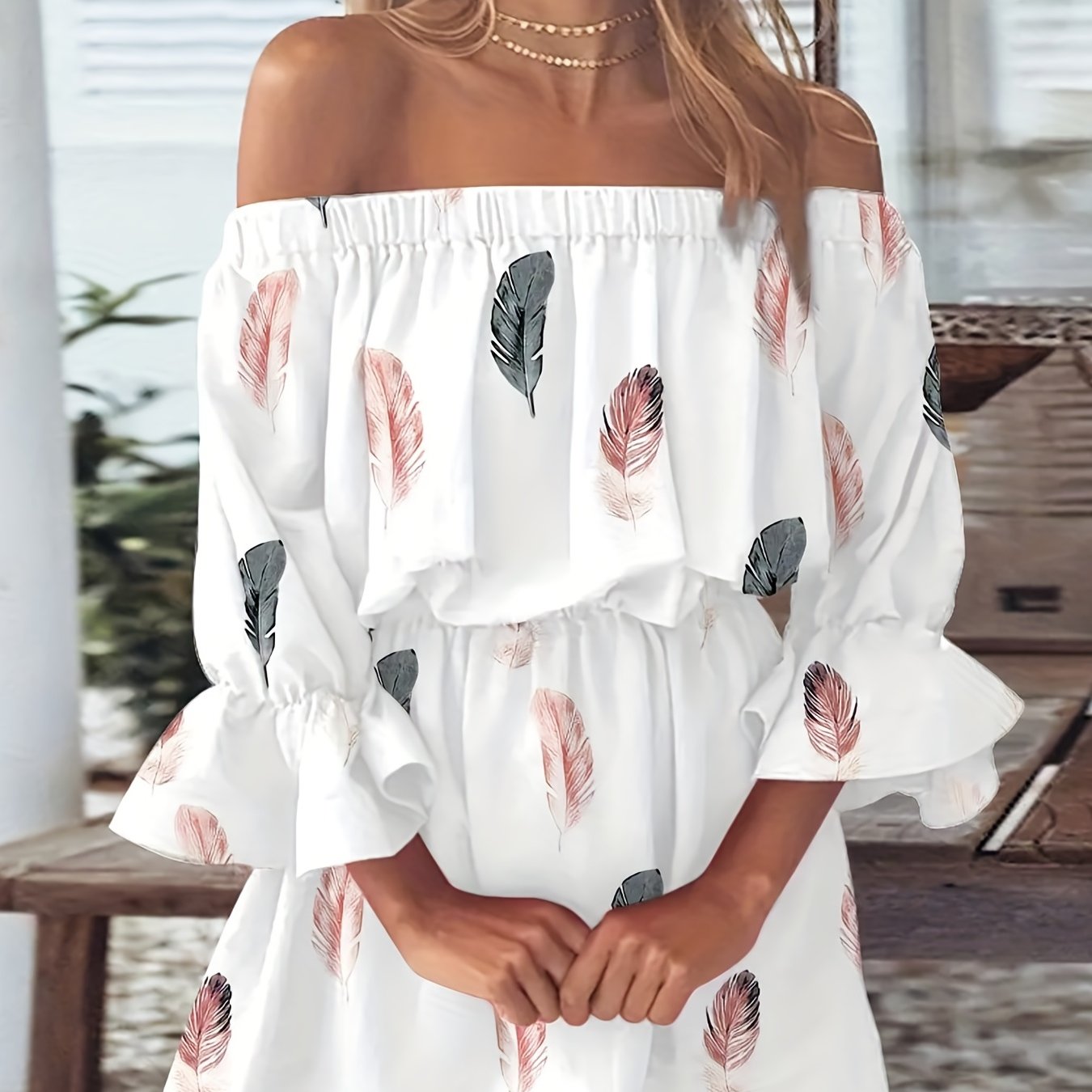 Elegant Summer Boho Dress - Off-Shoulder Leaf Print with Sexy Backless Cut & Playful Ruffles, Durable & Comfort Fit