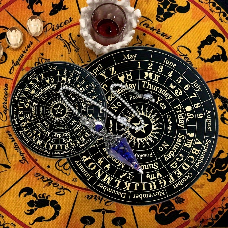 1pc Wooden Round Crafts Star Pendulum Board Divination Supernatural Information Board Wooden Divination Board With Crystal Pendant Pendulum Stone Used For Witchcraft Altar Supplies