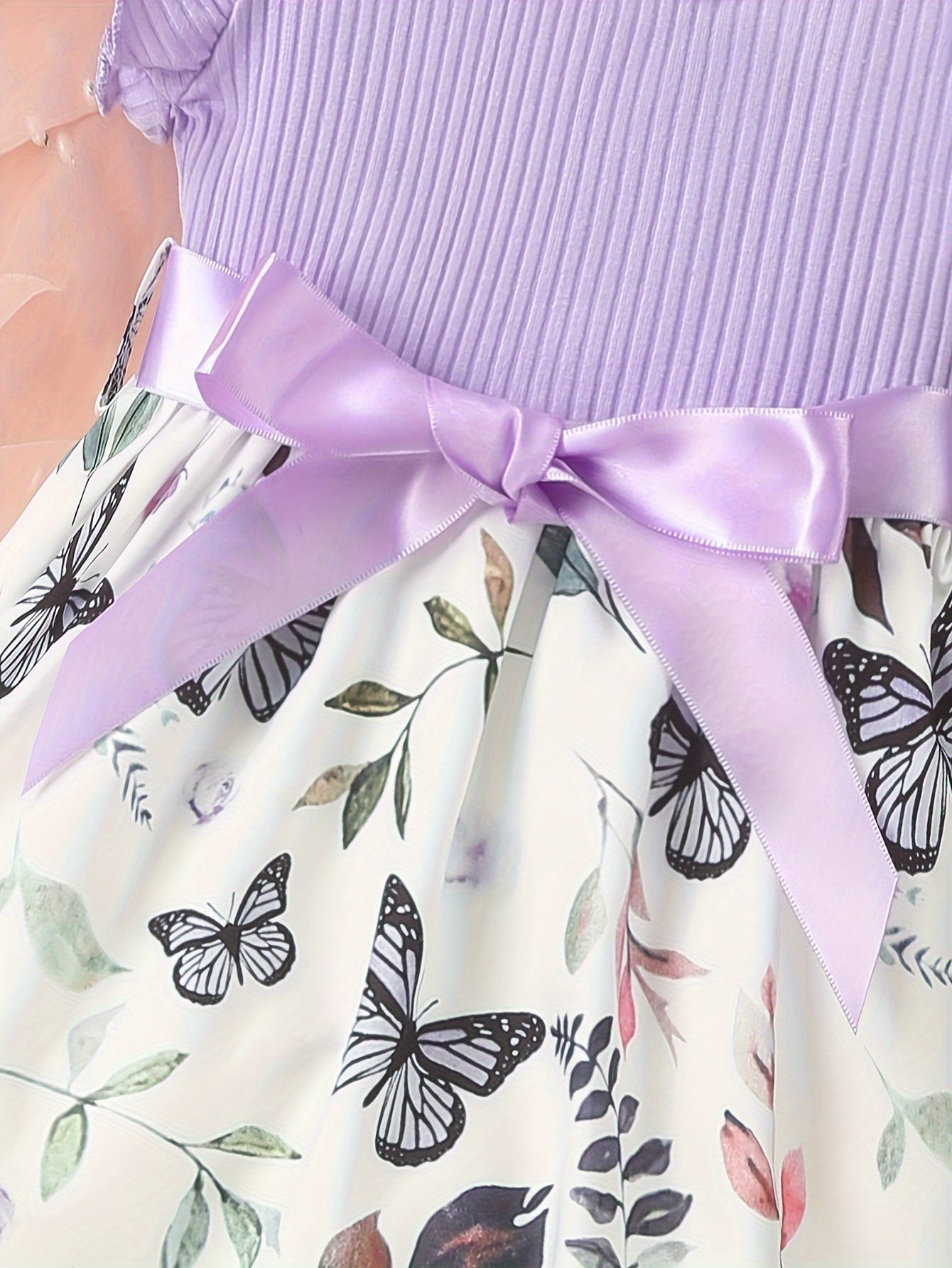 Baby Girls Cute Butterfly Graphic Print Ruffled Sleeve Belted Dress, Kids Summer Comfortable Clothes