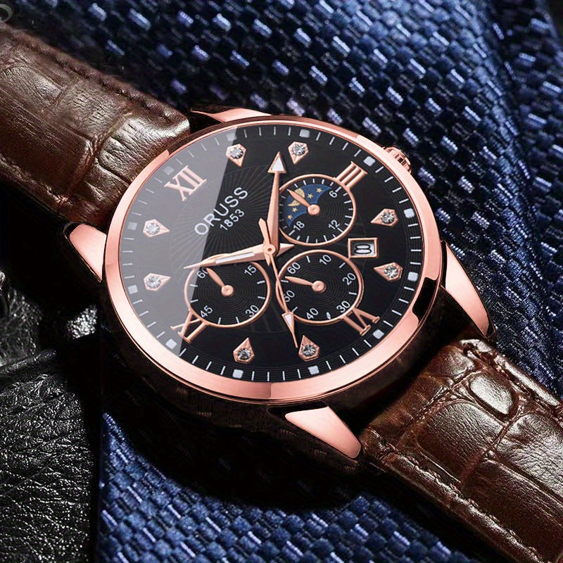 Mens Round Quartz Watch - Funky PU Leather Strap, Non-Waterproof, Electronic Pointer Display, Alloy Case, Ideal Gift for College Gentleman