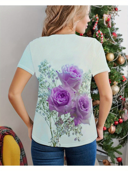 Women'S T-shirt With Purple Rose Print - Comfortable Short Sleeved Round Neck - Perfect Choice For Spring And Autumn Casual Wear