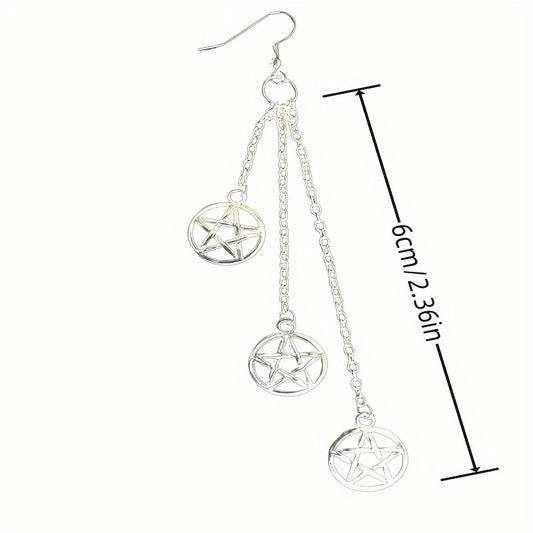 1pair Retro Gothic Pentagram Chain Dangle Earrings