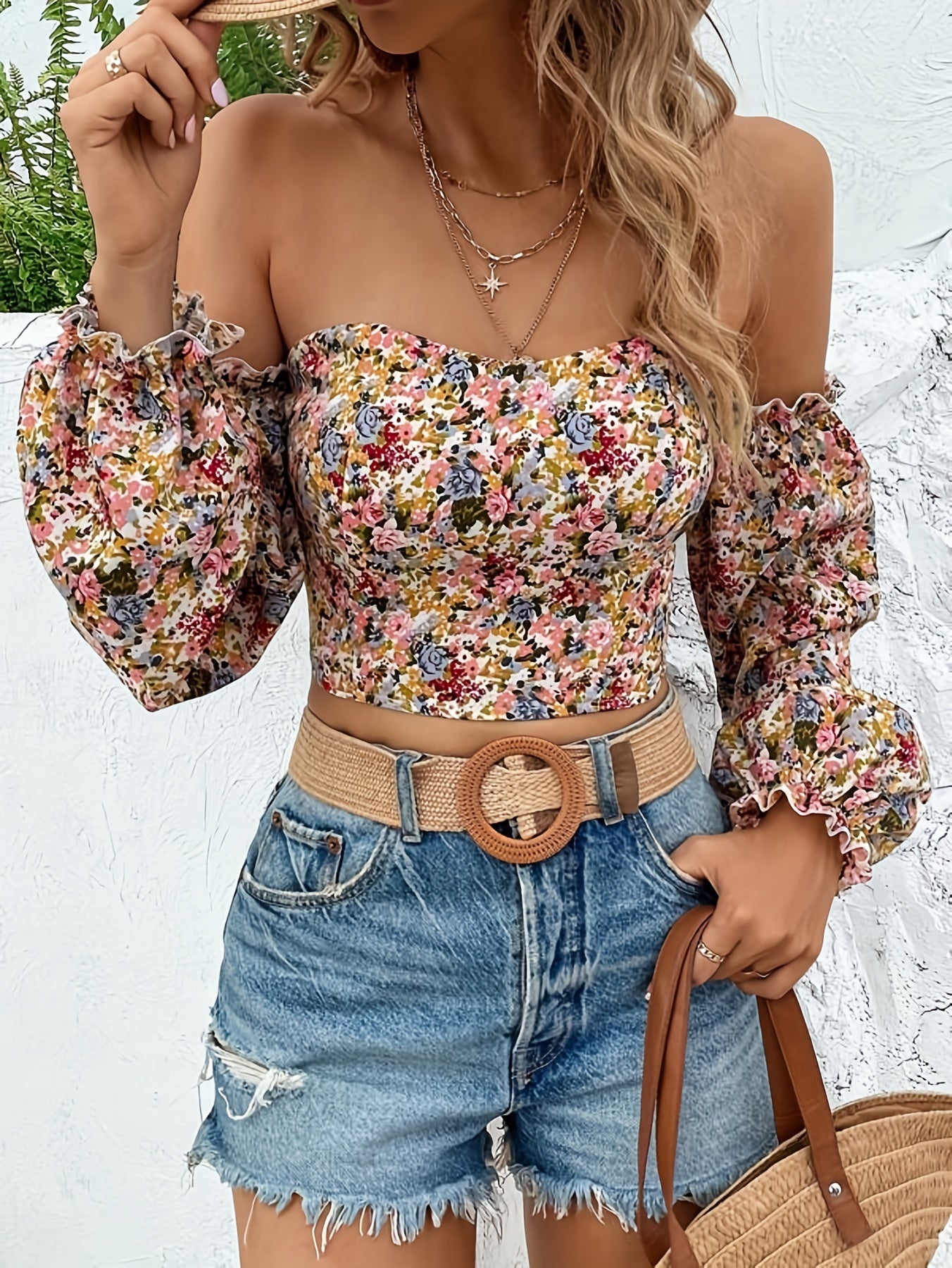 [Popular Choice] Chic Floral Off-Shoulder Lantern Sleeve Crop Top - Sexy Sweetheart Neckline, Polyester & Spandex Blend, Machine Washable - Perfect for Spring/Fall Fashion, Lantern Sleeve, Crop Top, Sexy Style, Spring/Autumn