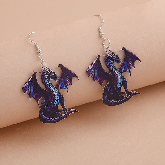 1 Pair of Vibrant Flying Dragon Dangle Earrings for Women - Cute & Whimsical Acrylic Design with Purple & Blue Wings, Perfect for Daily Wear & Vacation, Dragon Earrings