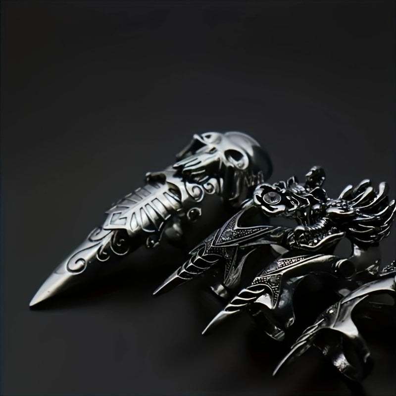 4PCS Vintage Gothic Dragon Claw Rings Set, Unisex Punk Joint Knuckle Full Finger Rings, No Plating Copper Alloy, Fashion Street Nightclub Accessories for Adults