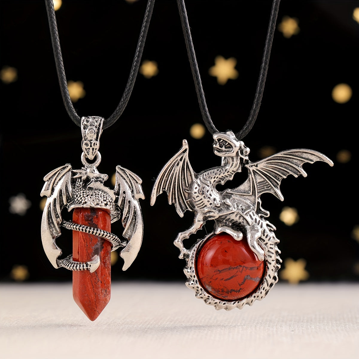 2pcs/set Synthetic Crystal Dragon Necklace Pendants for Men And Women, Retro Cool Artificial Elf Stone Pendants, Christmas, Easter, Flying Dragon Pendant Gift Set