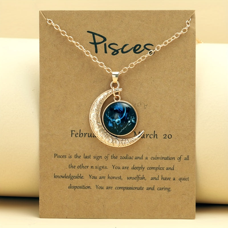 1pc Retro Glow-in-the-Dark Zodiac Moon Pendant Necklace - Vintage Style, Zinc Alloy with Glass Accents, Adjustable Chain for Women - Ideal for Daily Wear & Gifting, Zodiac Jewelry, Gift Jewelry, Vintage Jewelry, Durable Jewel