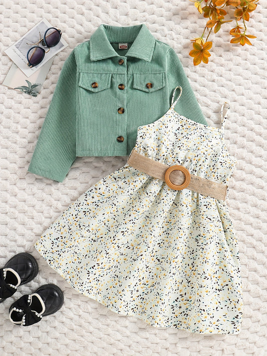 Girl's Casual Outfit 2pcs, Corduroy Jacket & Floral Pattern Dress Set, Kid's Clothes For Spring Autumn Summer