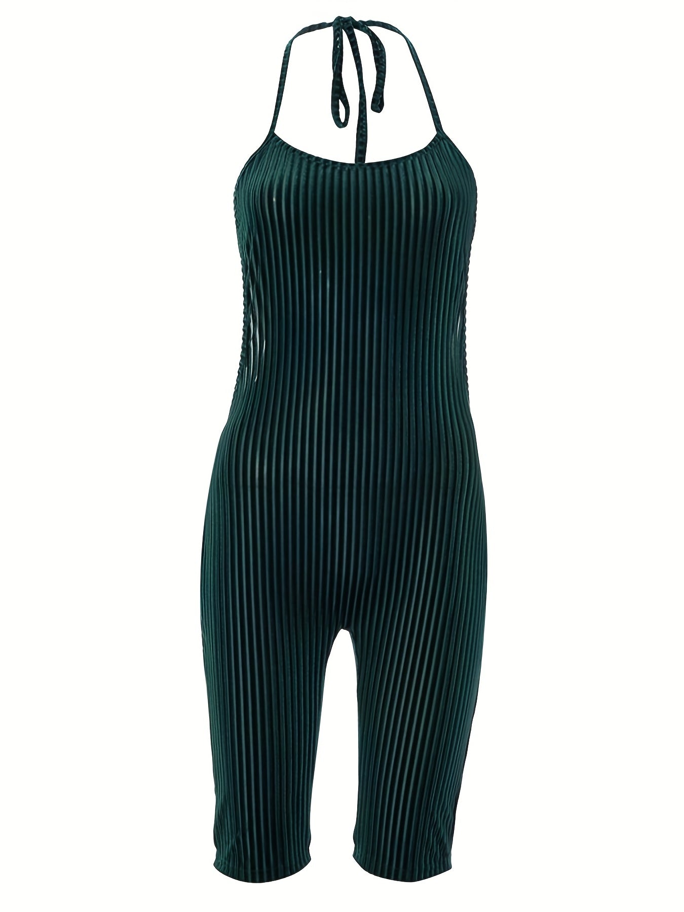 Sexy Velvet Halter Romper for Women - Backless Tie-Up Jumpsuit with Ribbed Texture, Machine Washable, Green, Perfect for Spring/Summer Parties, Plus Rompers And Jumpsuits