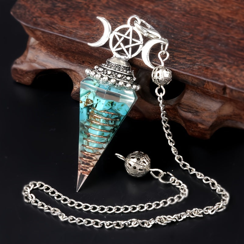1PC Seven Chakra Gravel Resin Artificial Crystal Pendant, Divination Moon Chakra Hexagonal Cone Pendulum