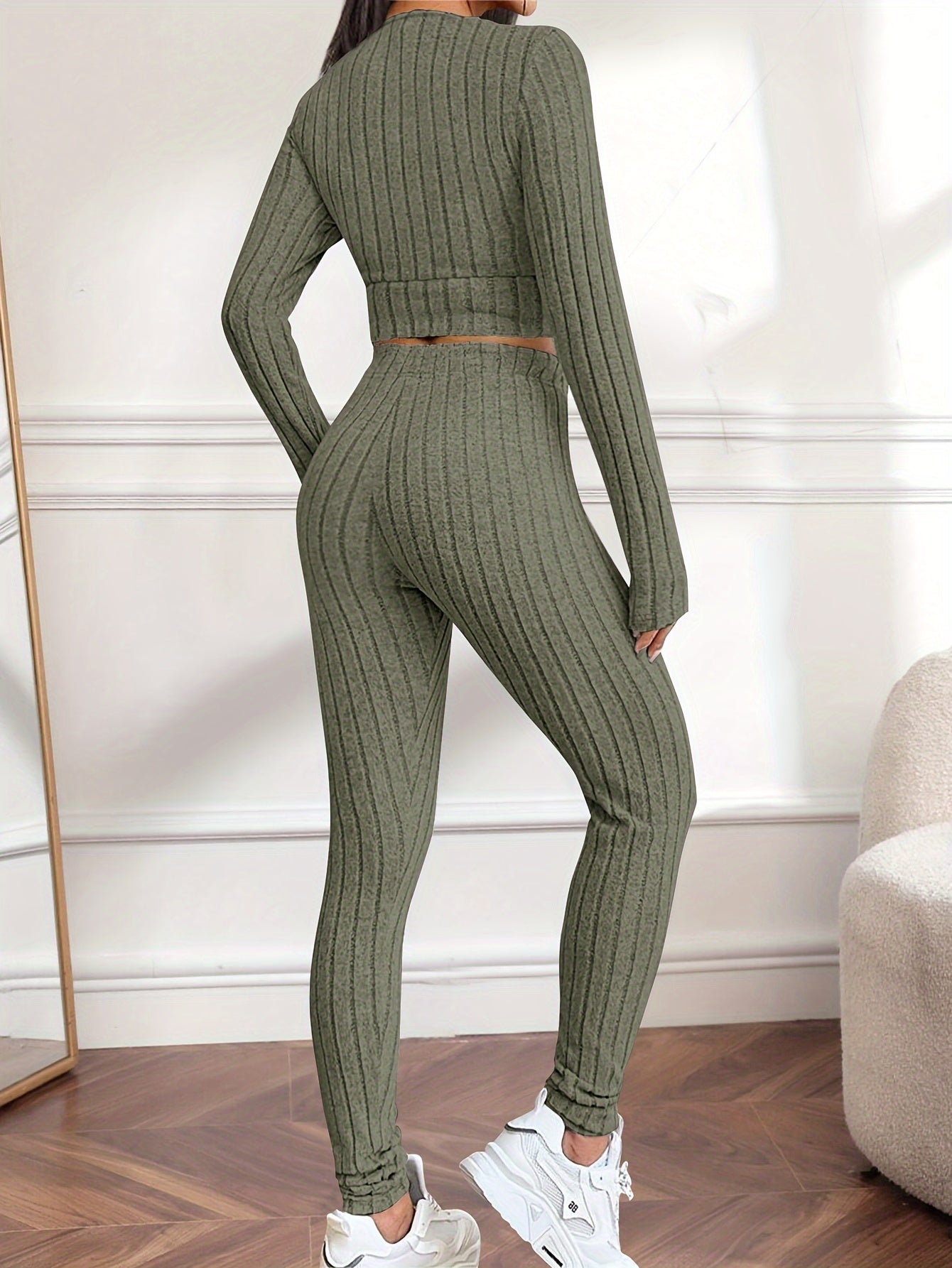Flattering Ribbed Two-piece Outfit Set - V-Neck Long Sleeve Crop Top & Pants - Casual Chic Style for Women