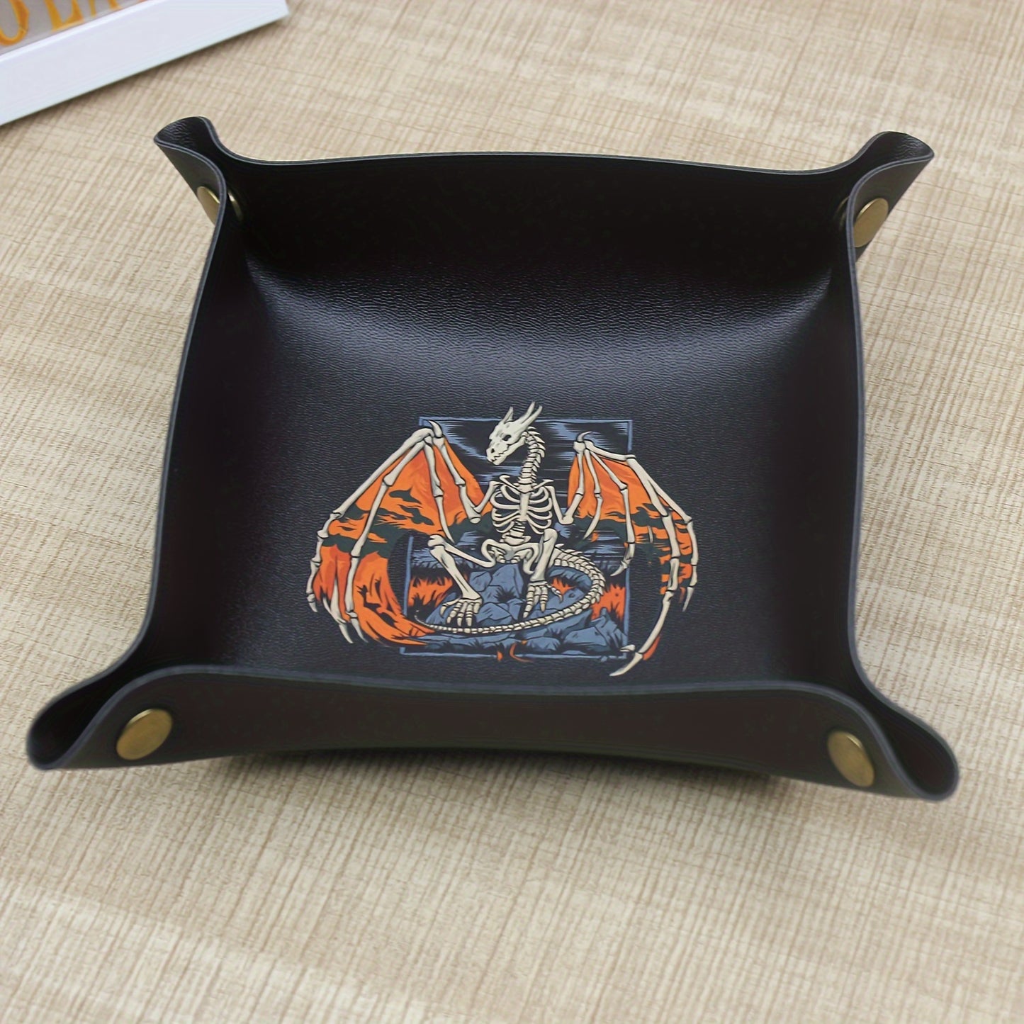 Unique Skeleton Dragon Design Black PU Leather Dice Tray - Durable Creative Gaming Accessory and Tabletop Organizer for Role-Playing Games