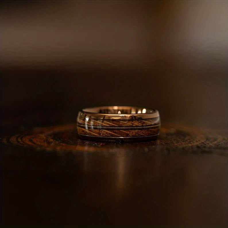 1pc Men's Fashion Guitar String & Whiskey Barrel Shaped Mens Wedding Rose Golden Band, Engagement Anniversary Gift, Titanium Steel Promise Ring For Husband Gift