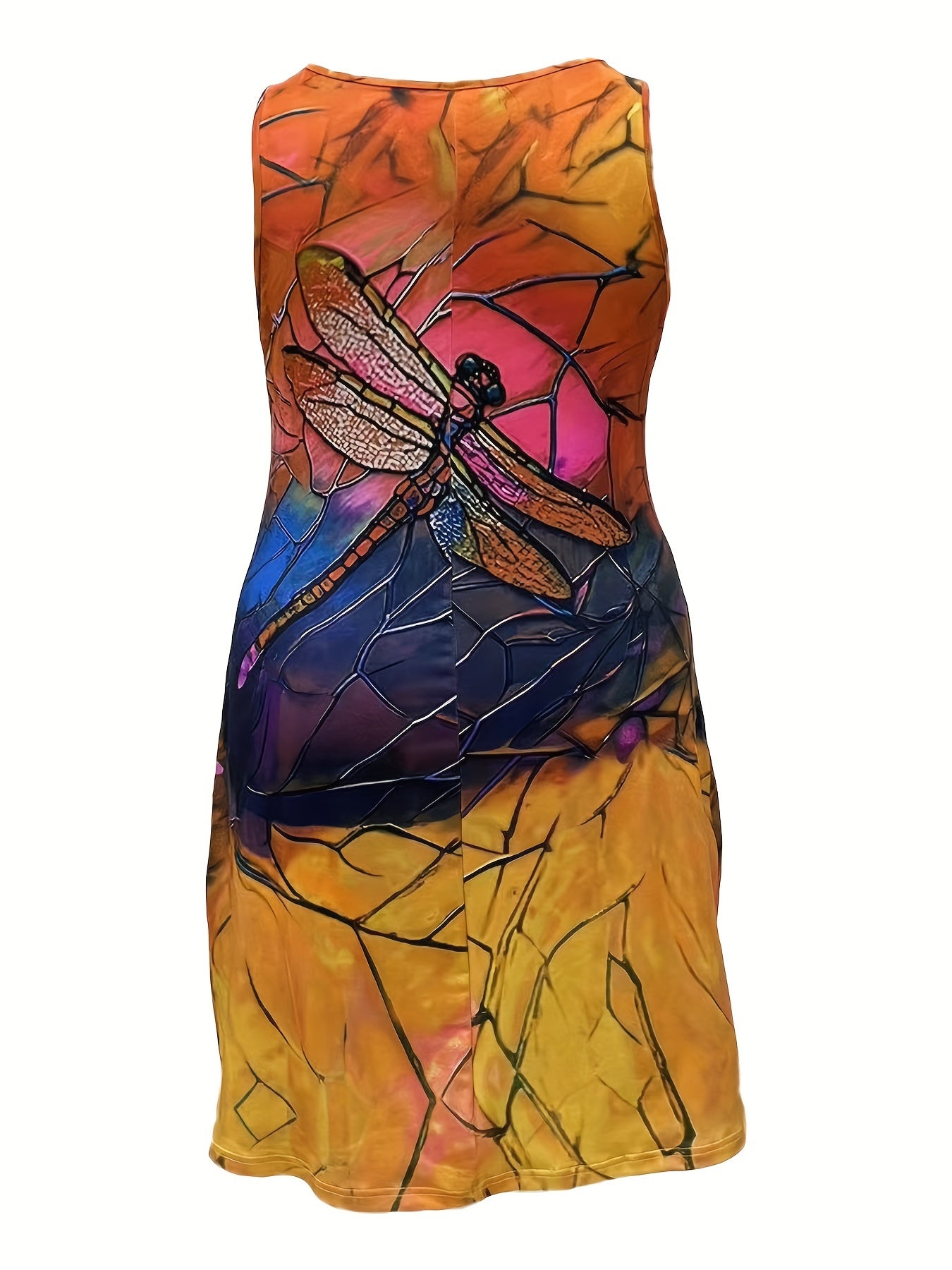 Plus Size Dragonfly Print Tank Dress, Casual Sleeveless Dress For Spring & Summer, Women's Plus Size Clothing