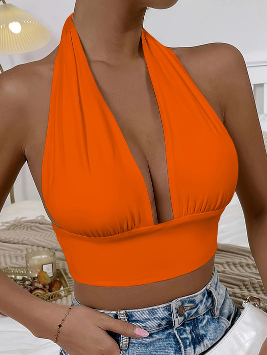 1pc Elegant Orange Halter Neck Backless Crop Top - High Stretch, Deep V-Neckline, Sleeveless Tank for Women, Perfect for Casual or Stylish Outfits, Casual Chic Top | Backless Dress | Stretchy Fabric