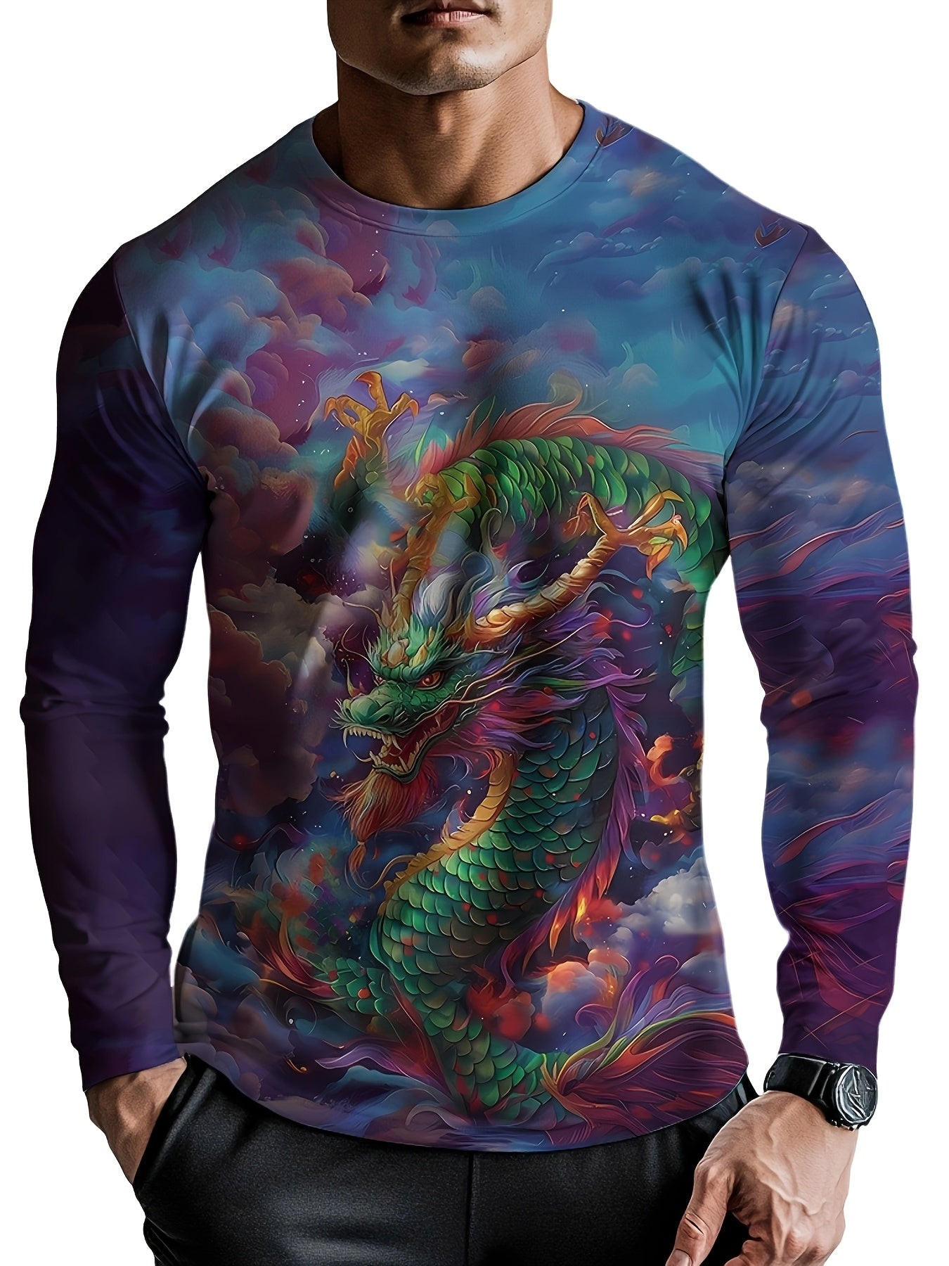 Men'S Long Sleeve Crew Neck T-Shirt, Casual Polyester Knit Fabric with Slight Stretch, All Over 3D Dragon Print, for Spring/Fall