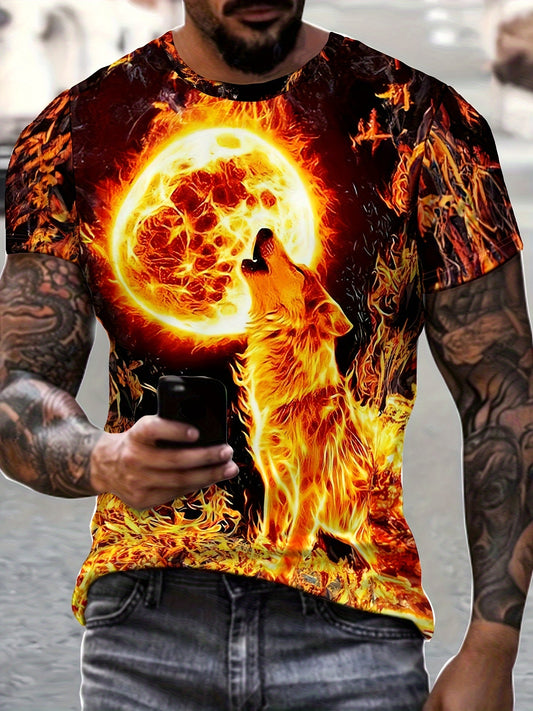 All-Season Comfort, Men's Casual Summer T-Shirt with Unique Wolf Print - Breathable Polyester, Machine Washable, Round Neck