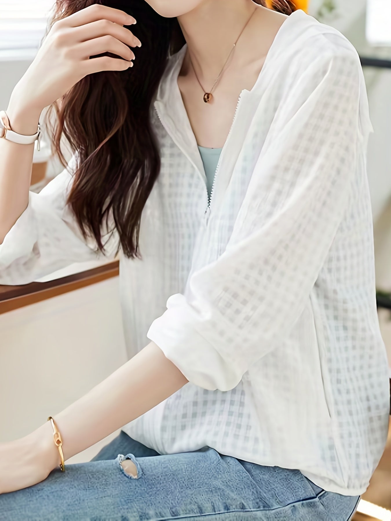 Lightweight Casual Summer Jacket for Women - Easy-Care Polyester, Stylish Solid Color Zip Coat