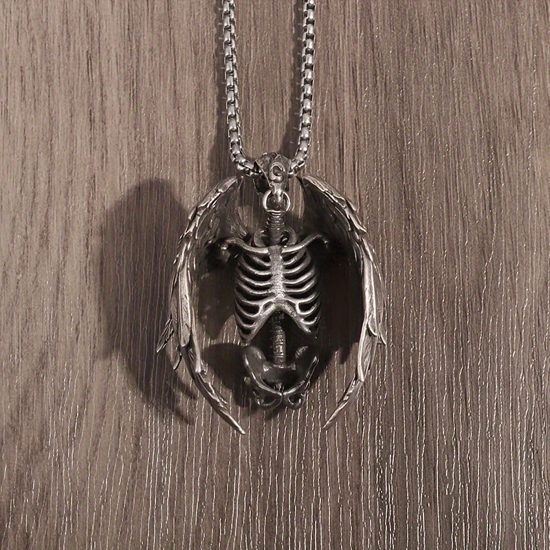 Gothic Wings Grim Reaper Pendant, Skull Necklace For Men, Punk Rock Jewelry Halloween Gift