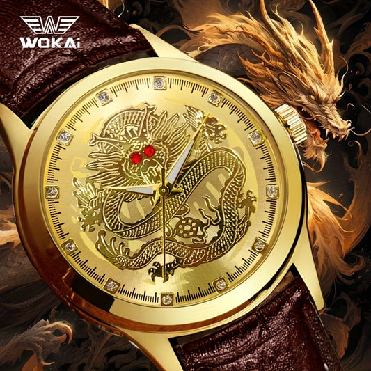 WOKAI Men's Luxury Dragon Quartz Watch - Golden-Tone Zinc Alloy Case, Brown Faux Leather Strap, Black Dial with Dragon Motif, Gemstone Accents, 1181.1inch Water Resistant, Battery Operated