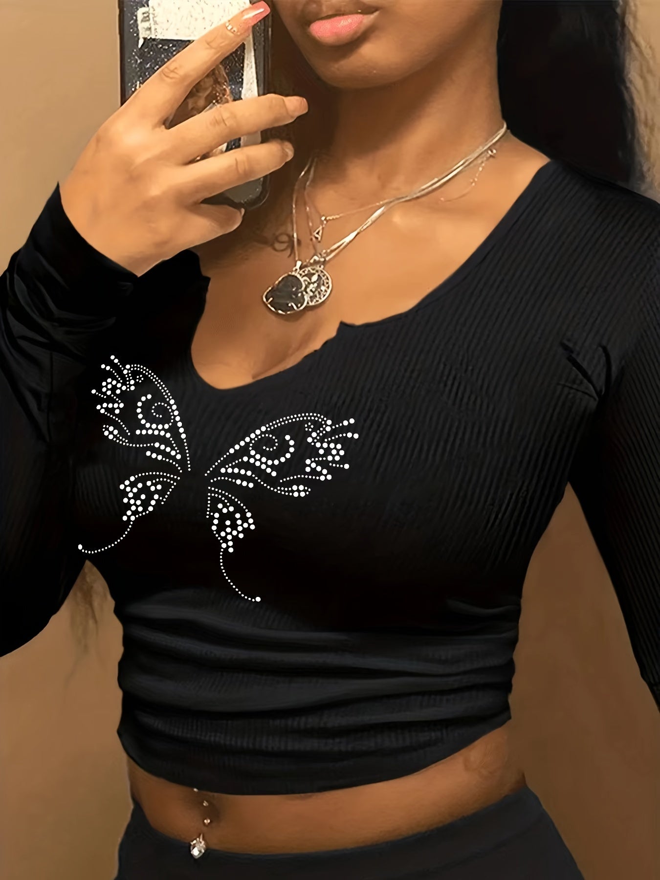 Chic Rhinestone-Embellished Butterfly V-Neck Crop Top - Sexy Long Sleeve Stretch Knit Top with Lace Detail, Polyester & Spandex Blend, Perfect for All Seasons